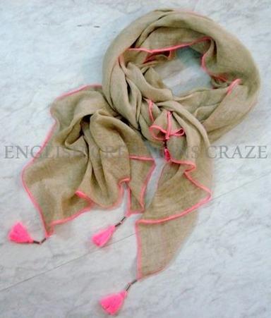 Beige Cotton Solid Color Scarf With Tassels