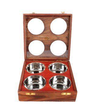 Desi Karigar Wooden Dry Fruit/ Sweets / Spices Box ( Brown, 4 bowls )