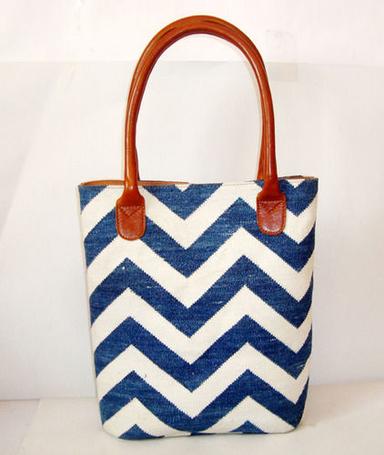 Blue And White Fancy Ladies Leather Bag