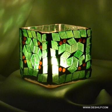 Antique Imitation Squire Glass Green Mosaic Candle Holder