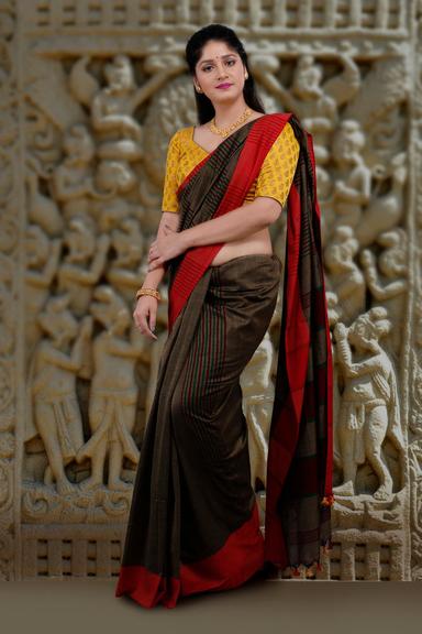 Art Silk Metalic Golden Body With Red Border Hand Woven Pure Cotton Saree