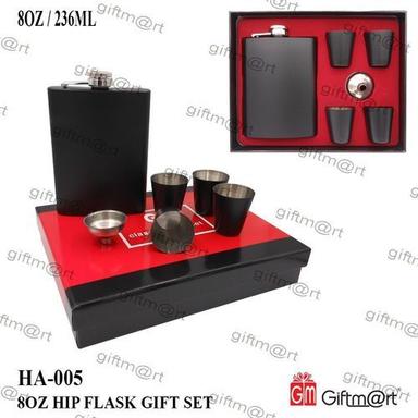 Black 8 Oz Hip Flask Gift Set With 4 Glass Set