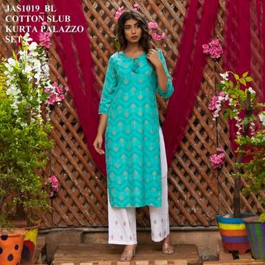 Blue Designer Cotton Kurti With Palazzo