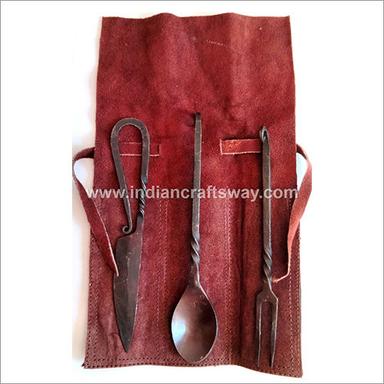 Black Hand Forged Medieval Cutlery Set With Leather Pouch