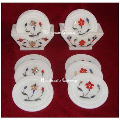 Indian Beautiful White Marble Stone Inlay Tea Coaster Set For Gifts