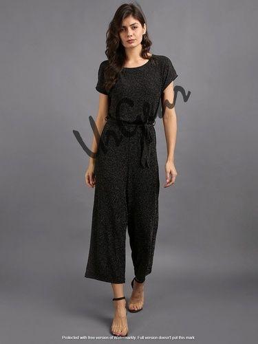 Women Solid Black Jumpsuit Decoration Material: Cloths