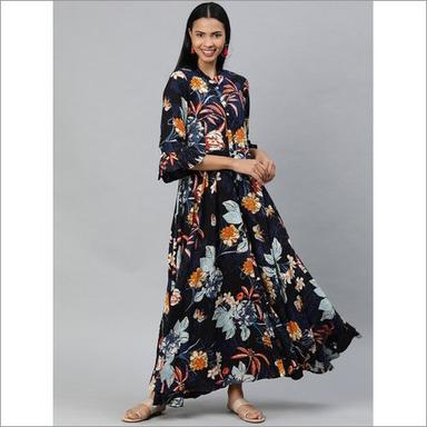 Washable Ladies Blue Rayon Floor Length Flower Print Dress