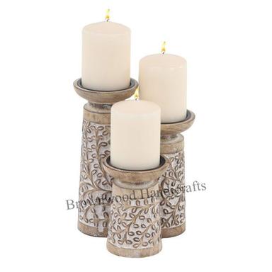 Carving Wooden Candle Holder Set Of 3