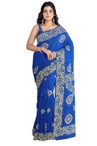 Blue Ladies Festive Handloom Cotton Printed Sarees