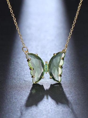 Stunning Gold Plated Pastel Green Crystal Butterfly Pendant Necklace