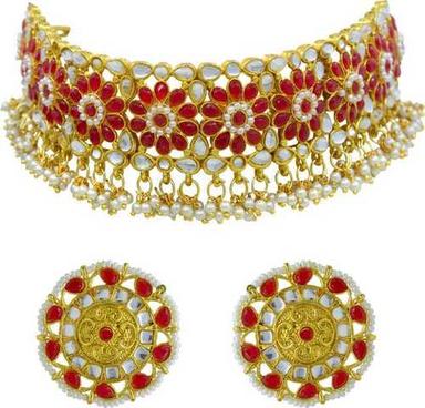 Bridal Kundan Pearl Red Gold Plated Choker Necklace Set Gender: Women