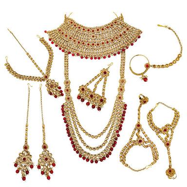 Red Indian Traditional Gold Plated Kundan Dulhan Bridal Jeweler Set