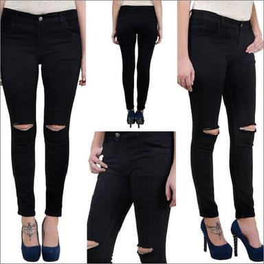 Washable Ladies Black Denim Knee Cut Slim Fit Jeans