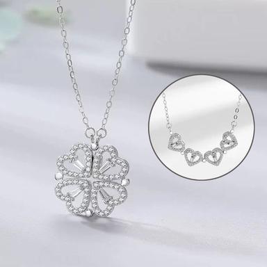 Silver Two In One Magnetic Hearts Clover Pendant Necklace Size: Freesize