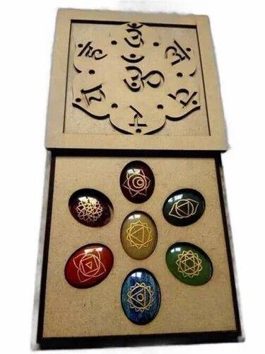 Various Color Natural 7 Chakras Stone Reiki Healing Set With Om Symbol Wooden Box