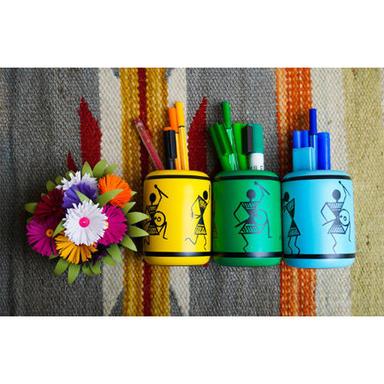 Multicolor Hand Painted Wooden Warli Pen Stand