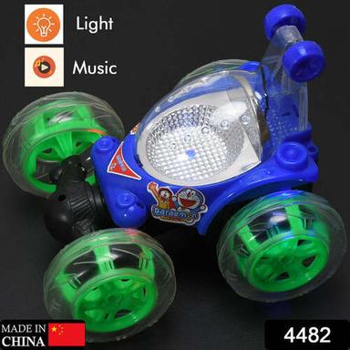 बच्चों के लिए रंगीन 3 डी लाइट और संगीत के साथ रिचार्जेबल 360 डिग्री स्टंट रोलिंग रिमोट कंट्रोल कार