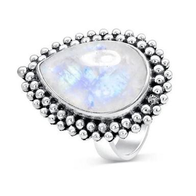 Rainbow Moonstone Pear Cabochon Beads Band Statement Silver Gemstone Ring Gender: Women