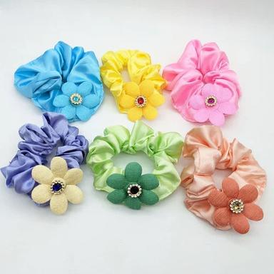 Multi Color Satin Fabric Flower Hair Scrunchies