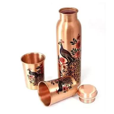 Golden Mofna Printed Copper Water Bottle With Glass