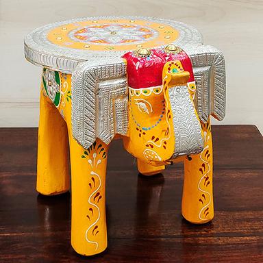 Yellow Silver Hand Painted With Brass Metal Elephant Stool Indoor Furniture