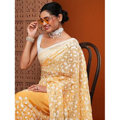 Georgette Womens Organza Yellow Embroidered Designer Saree With Blouse Piece