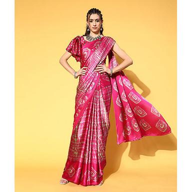 Party Wear Womens Crepe Pink Printed Saree With Blouse Piece
