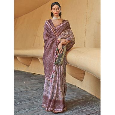 Pink Womens Cotton Blend Beige Printed Saree With Blouse Piece