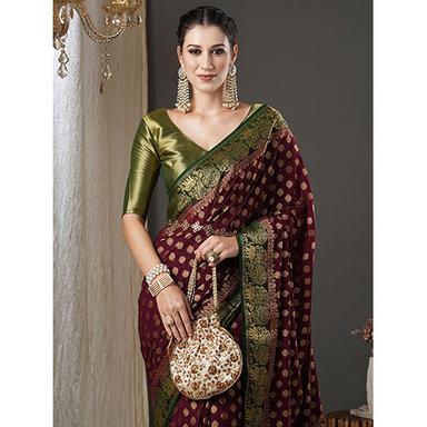 Maroon Womens Georgette Burgundy Woven Saree With Blouse Piece