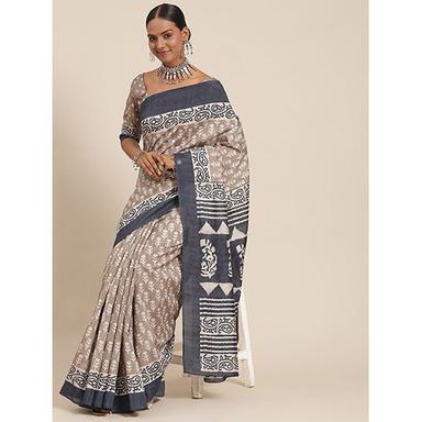 Brown Womens Bhagalpuri Silk Charcoal Grey Printed Saree With Blouse Piece