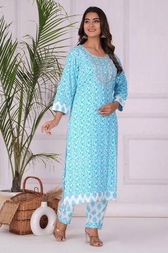 Quick Dry Sky Blu Leaf Embroidery Ladies Dress