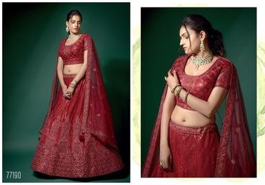 Ethnic Cherry Red And Peach Net Fabric Semi Stitched Embroidered Lehenga Choli With Unstitched Blouse And Dupatta-77190