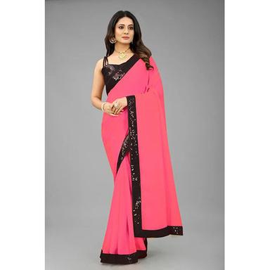 Party Wear Pink Georgette And Cotton Silk Solid-Plain Sari With Unstiched Blouse