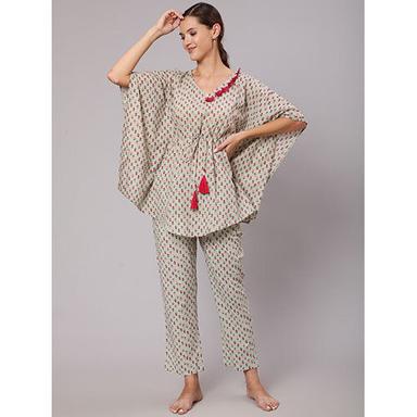 A Grey Color Floral Tasseled Cotton Printed Loungewear Set