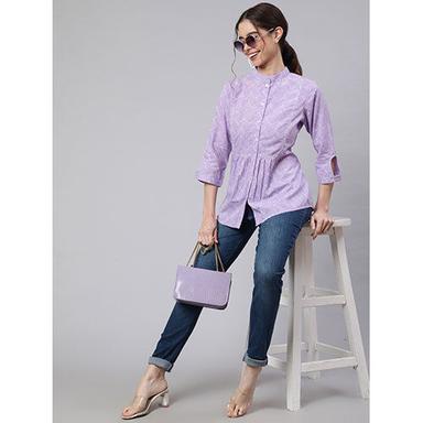 Women Lavender Zigzag Embroidered Printed Ethnic shirt