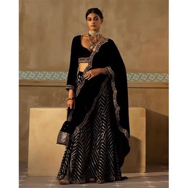 Black Fancy Velvet Sequences Embroidered Work Plazo With Blouse And Dupatta
