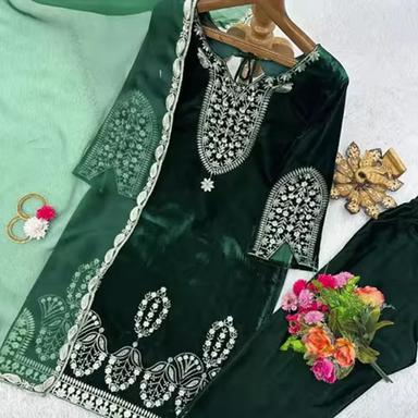 Green Floral Embroidered Velvet Semi Stitched Suit