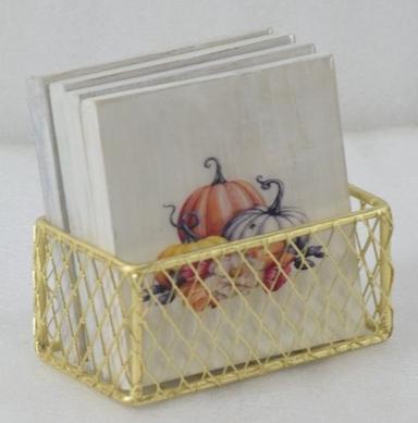 Set of 4 Wooden Printed Coasters With Metal Stand