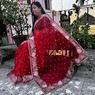 Different Available Organza Floral Embroidery Cutwork Saree