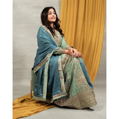 Different Available Ladies Sea Blue Plain Chiffon Asymmetric Indo Western Set With Round Neck Computer Work