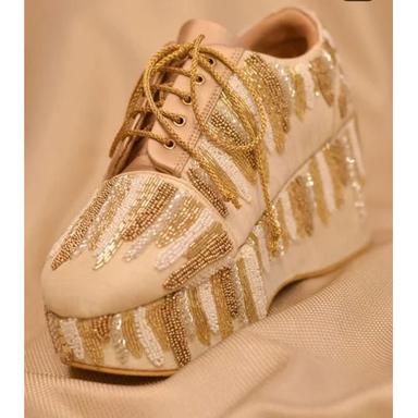 Yellow Ladies Golden Embroidery Sneaker Shoes