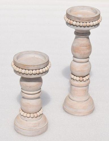 Wooden White Wash Beads Pedestal T-Light