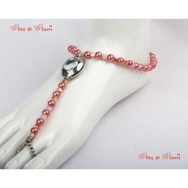 Mirror Finish Foot Thong Anklet With Pink Pearls