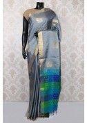 Steel Grey and Gold Pure Silk Fine Saree with Antique Gold Border