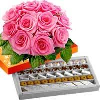 Pink Roses Bouquet And Assorted Sweets 