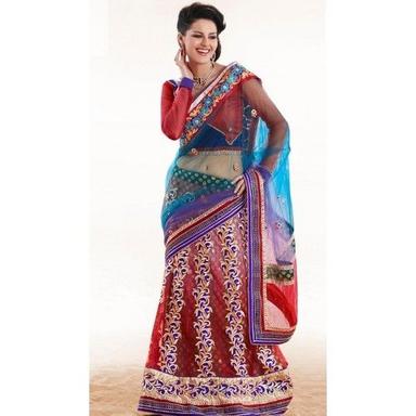 Blue Red Net With Viscose Embroidered Lehenga Saree