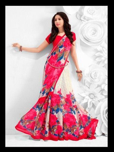 Red Flower Printed Georgette Sarees With Unstitched Blouse