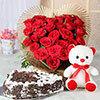 Heart Shaped Black Forest Cake And Red Roses With A Teddy Bear