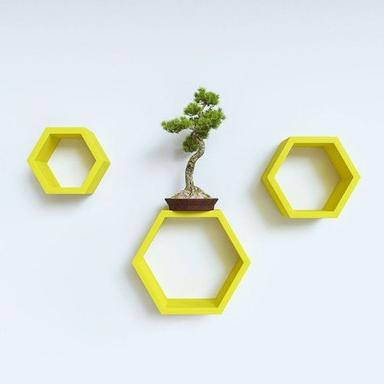 Hexagon Shape Storage Wall Shelves Set Of 3 For Home - Yellow No Assembly Required