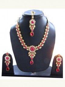 Pink Stone Studded Designer Jewellery Crystal Necklace And Earrings